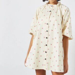 Lost Ink Cherry Print‎ Shift Dress Cream Short Sleeve Ruffled High Neck Size 16